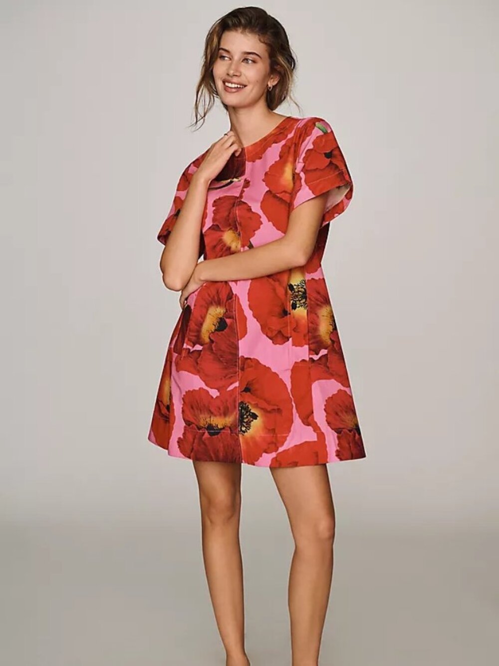 Anthropologie Maeve The Emmy Swing Mini Dress Pink Red Poppy Floral Cotton | XSP
